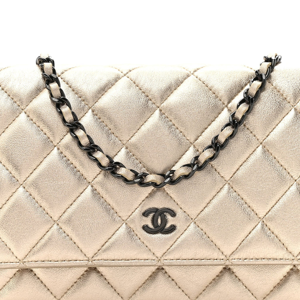 Metallic Lambskin Quilted Wallet On Chain WOC Gold Black