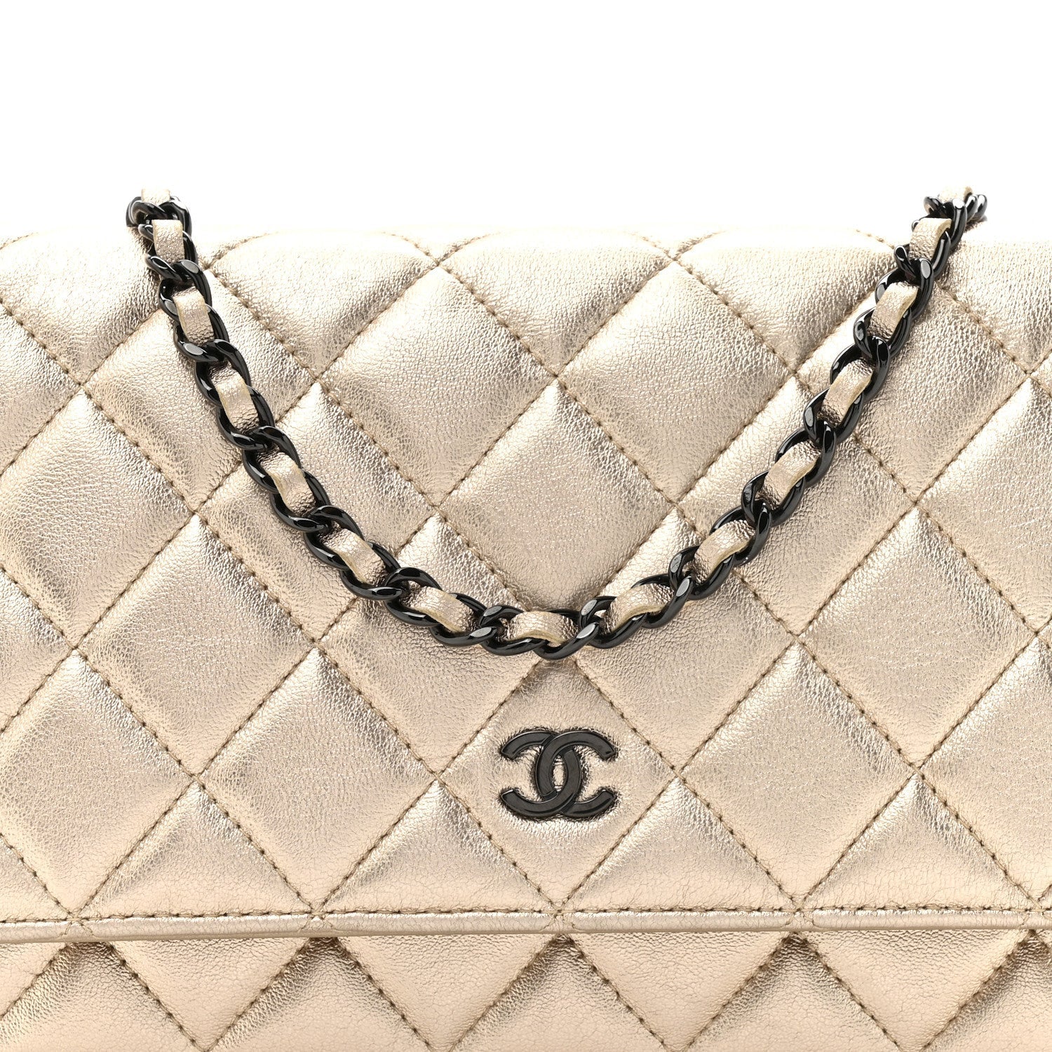 Metallic Lambskin Quilted Wallet On Chain WOC Gold Black
