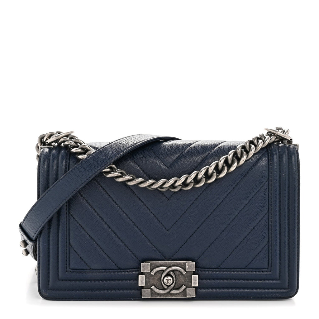 Caviar Chevron Quilted Medium Boy Flap Navy