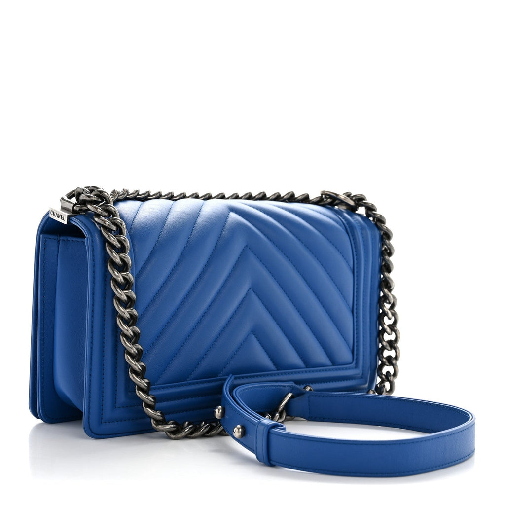 Calfskin Chevron Quilted Medium Boy Flap Blue