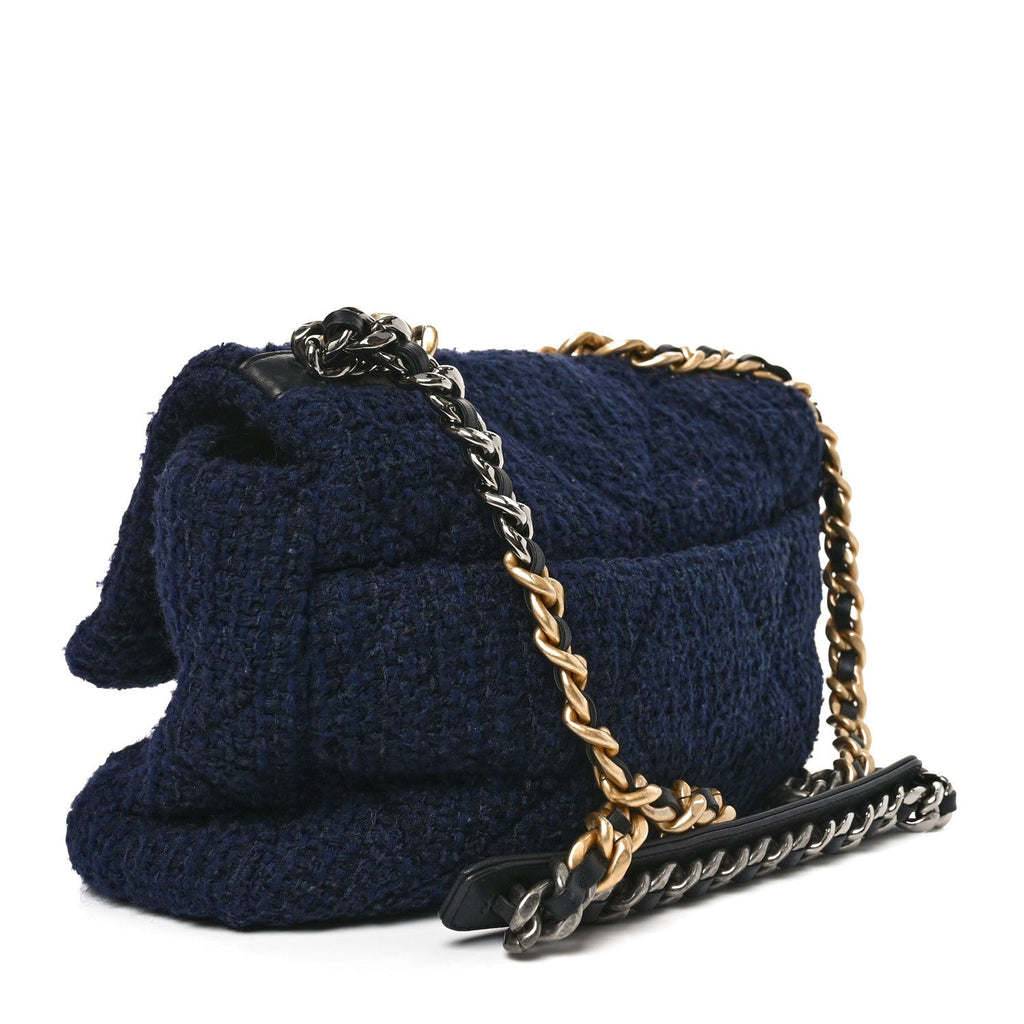 Tweed Quilted Large Chanel 19 Flap Navy Blue