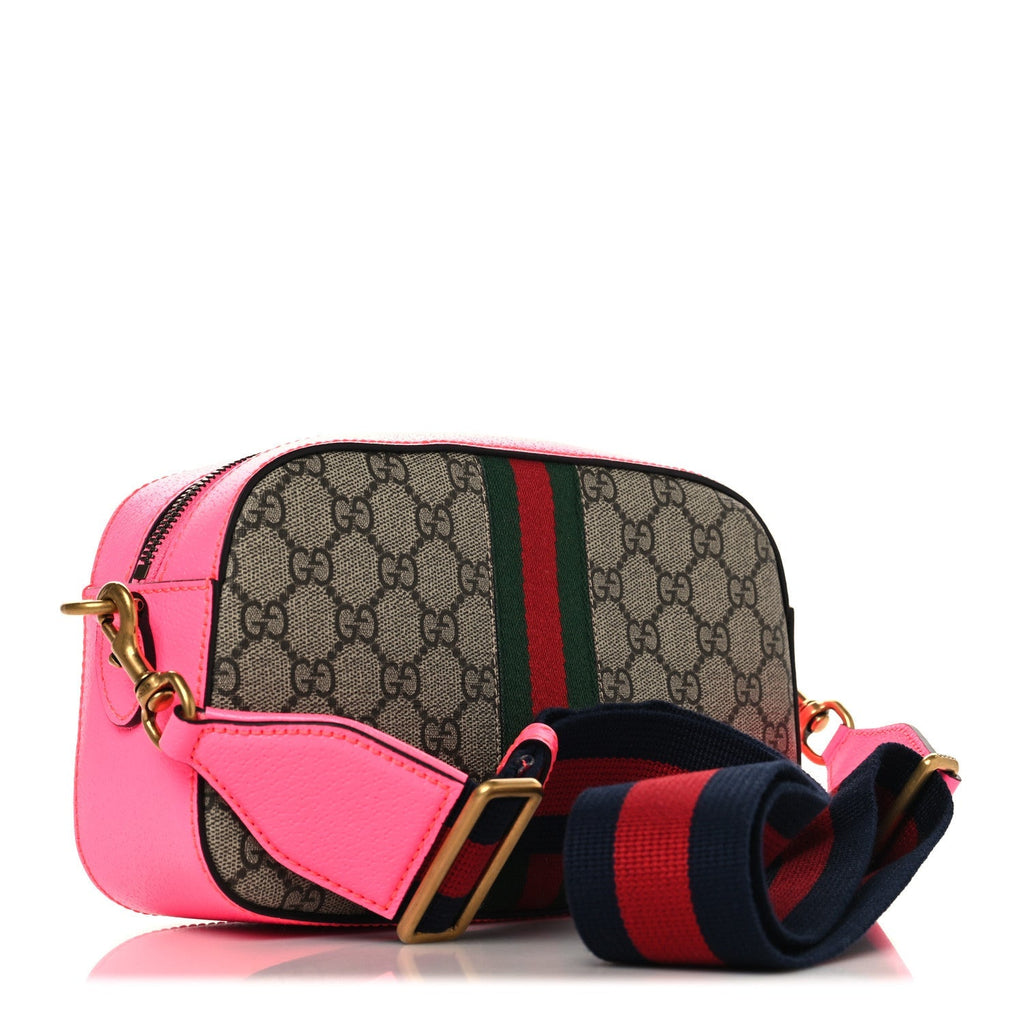 GG Supreme Monogram Textured Dollar Calfskin Web Ophidia Small Crossbody Bag Beige Ebony Fuchsia