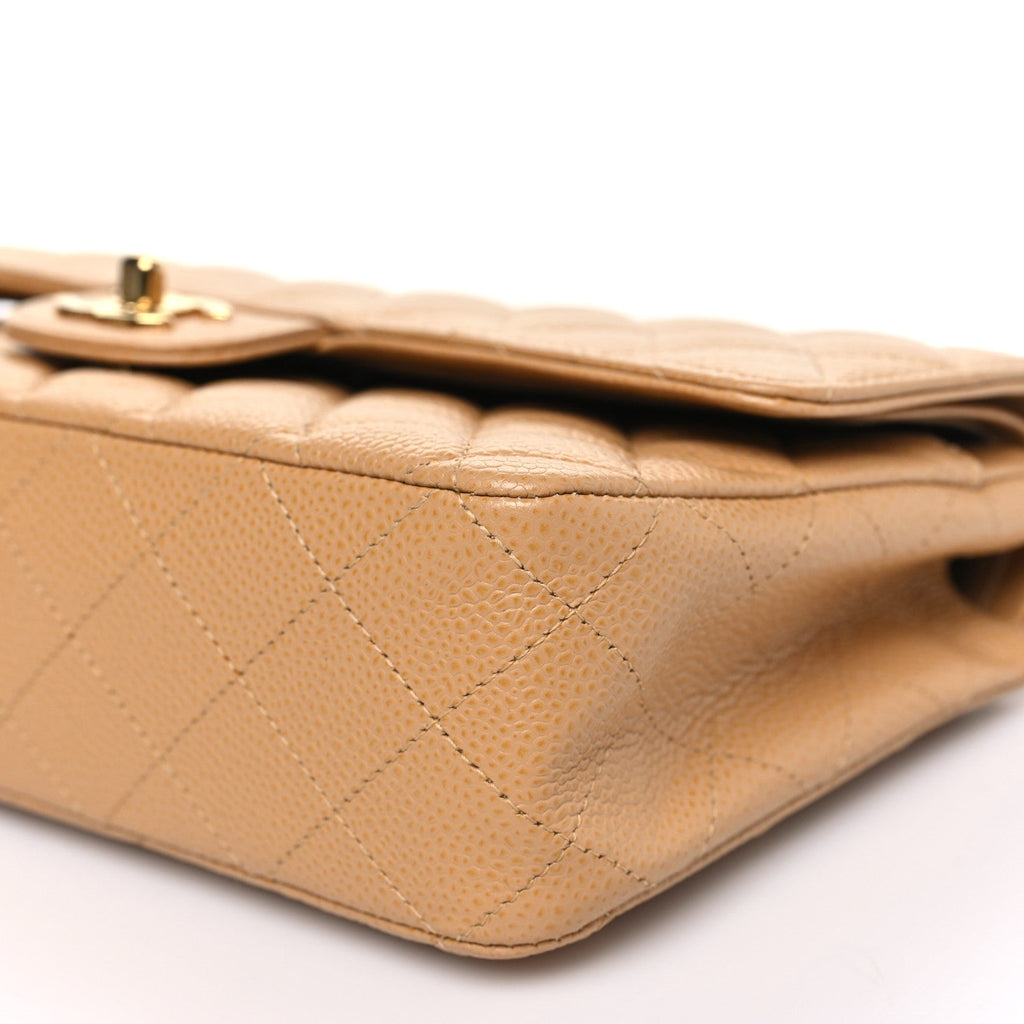 Caviar Quilted Medium Double Flap Beige