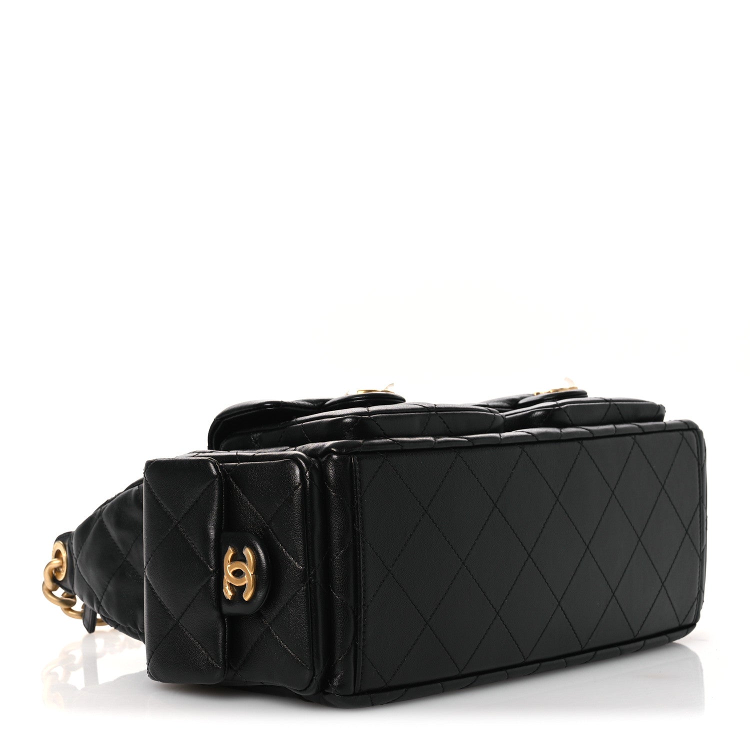 Shiny Lambskin Quilted Trendy Pockets Hobo Black