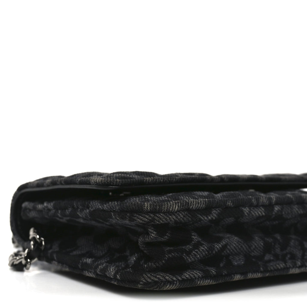 Printed Denim Quilted Flower Wallet On Chain WOC Black