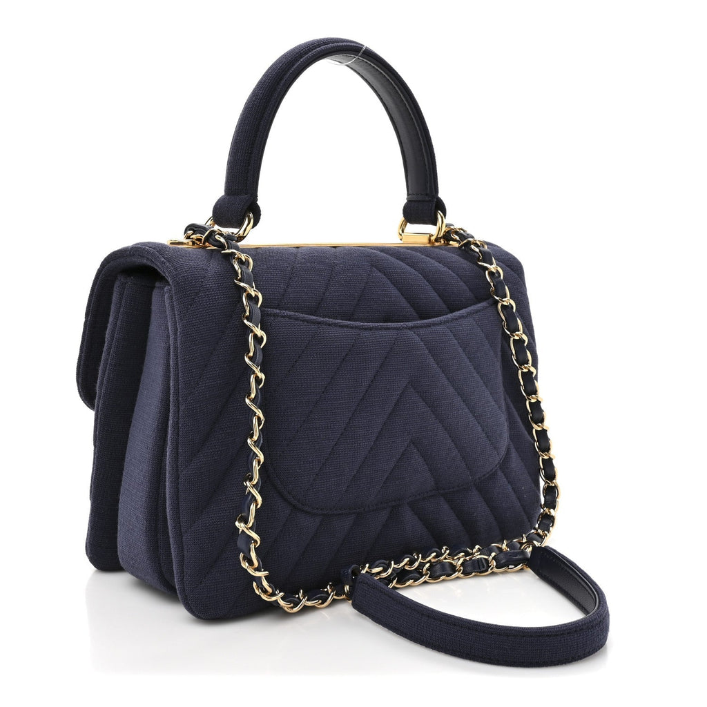 Jersey Chevron Quilted Small Trendy CC Dual Handle Flap Bag Navy Blue