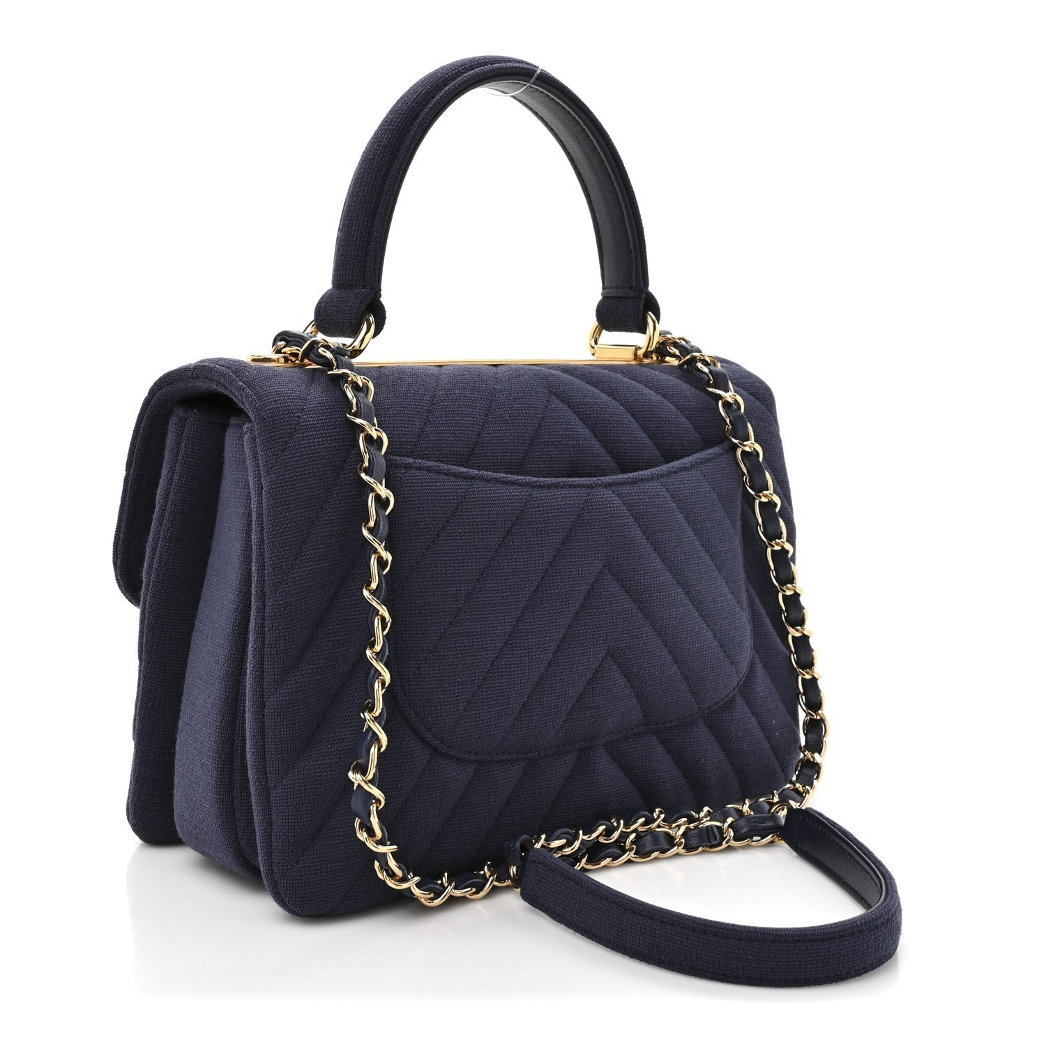 Jersey Chevron Quilted Small Trendy CC Dual Handle Flap Bag Navy Blue