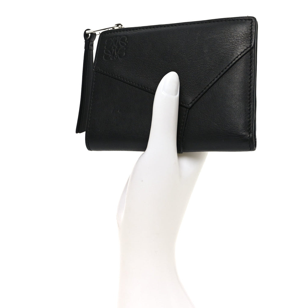 Calfskin Puzzle Zip Slim Compact Bi-Fold Wallet Black