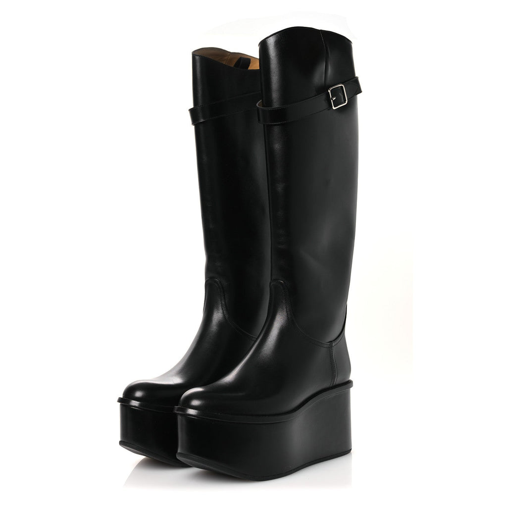 Calfskin Wedge Riding Boots 38 Black