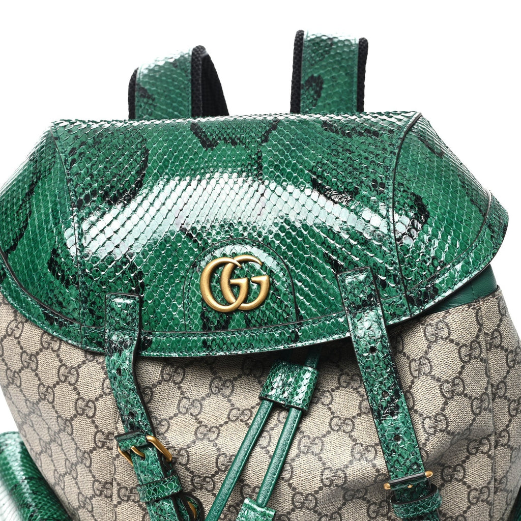 GG Supreme Monogram Snakeskin Ophidia Double Buckle Backpack Brown Green