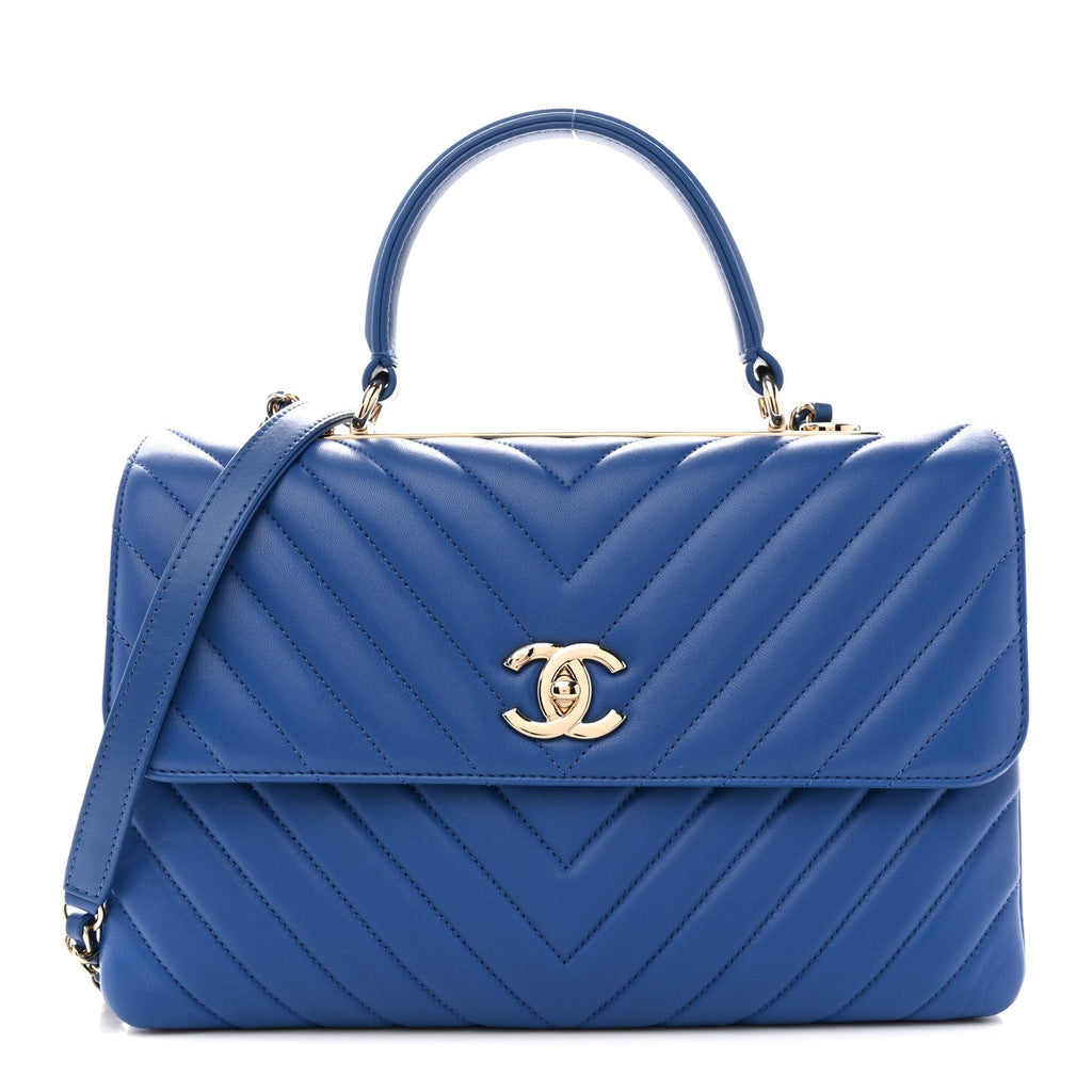 Lambskin Chevron Quilted Medium Trendy CC Dual Handle Flap Bag Blue
