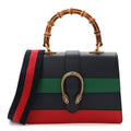 Moon Calfskin Web Medium Dionysus Bamboo Top Handle Bag Black Bright Evergreen Hibiscus Red