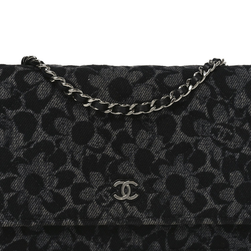 Printed Denim Quilted Flower Wallet On Chain WOC Black