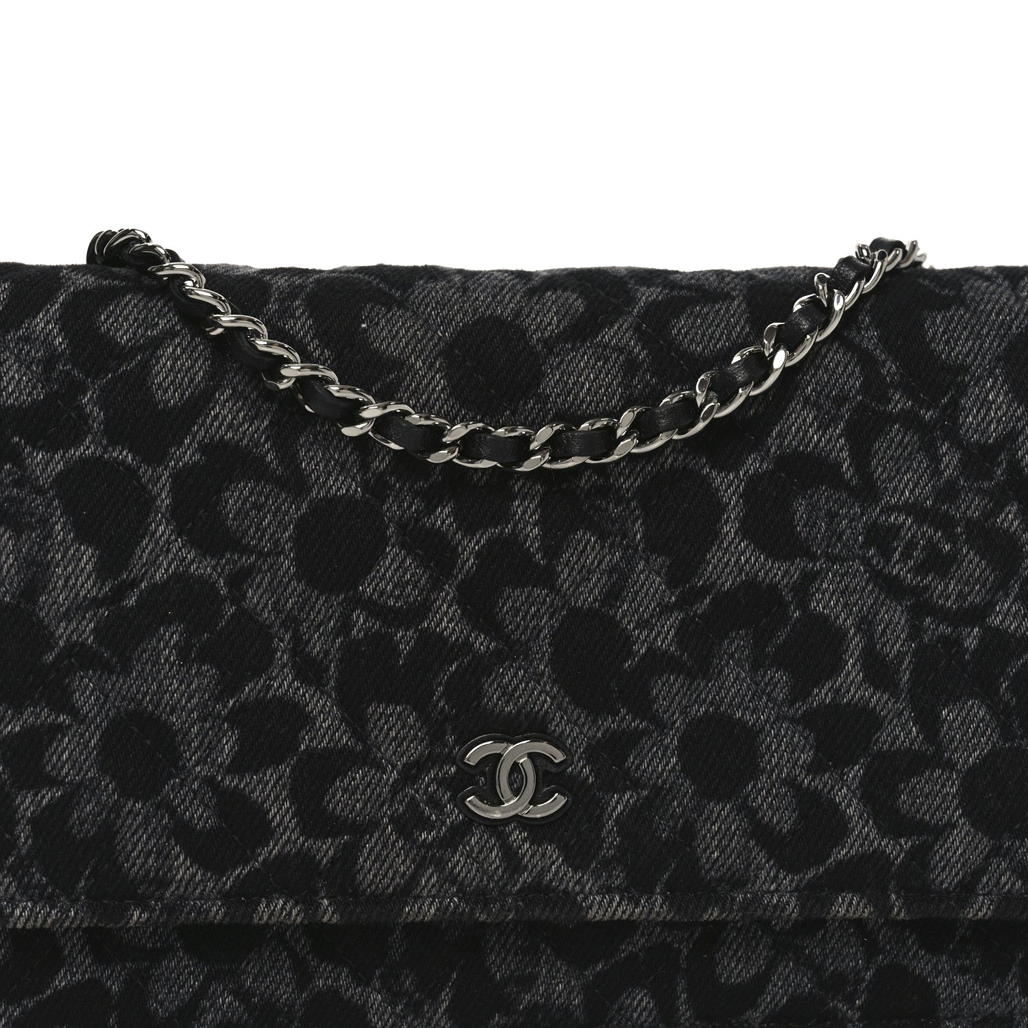 Printed Denim Quilted Flower Wallet On Chain WOC Black