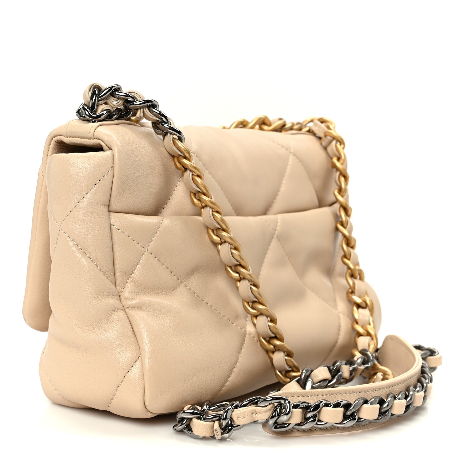 Shiny Goatskin Quilted Medium Chanel 19 Flap Beige