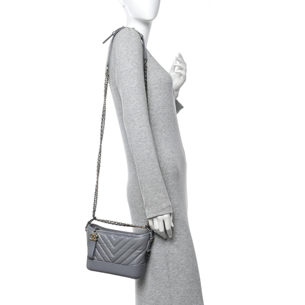 Aged Calfskin Chevron Quilted Small Gabrielle Hobo Grey