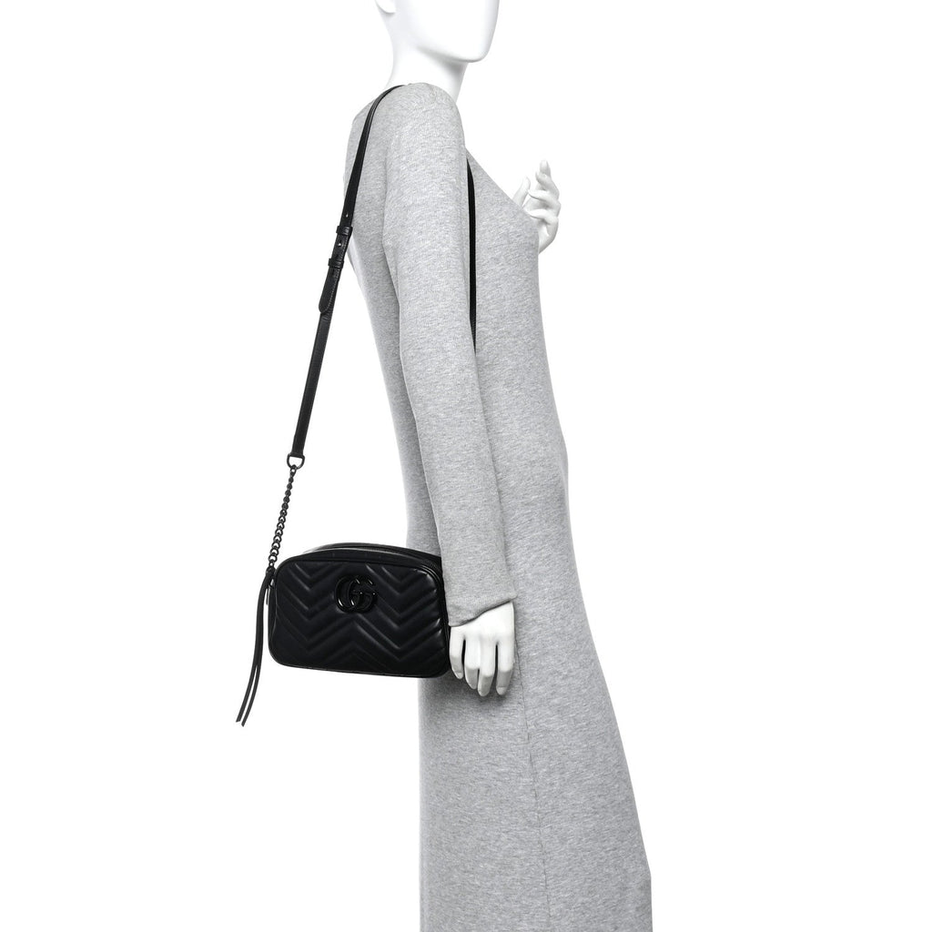 Calfskin Matelasse Monochrome Small GG Marmont Chain Shoulder Bag Black