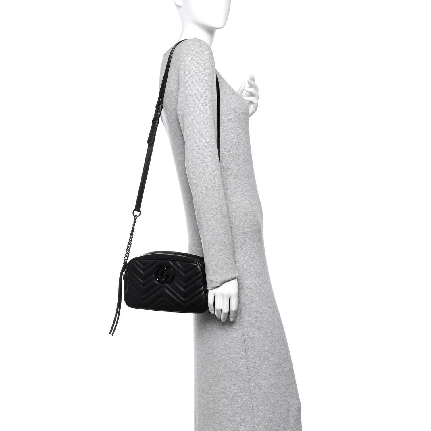 Calfskin Matelasse Monochrome Small GG Marmont Chain Shoulder Bag Black