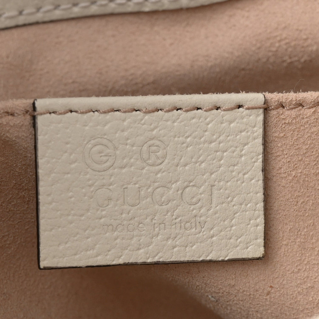 Glazed Textured Calfskin Web Small Ophidia Bucket Bag Mystic White