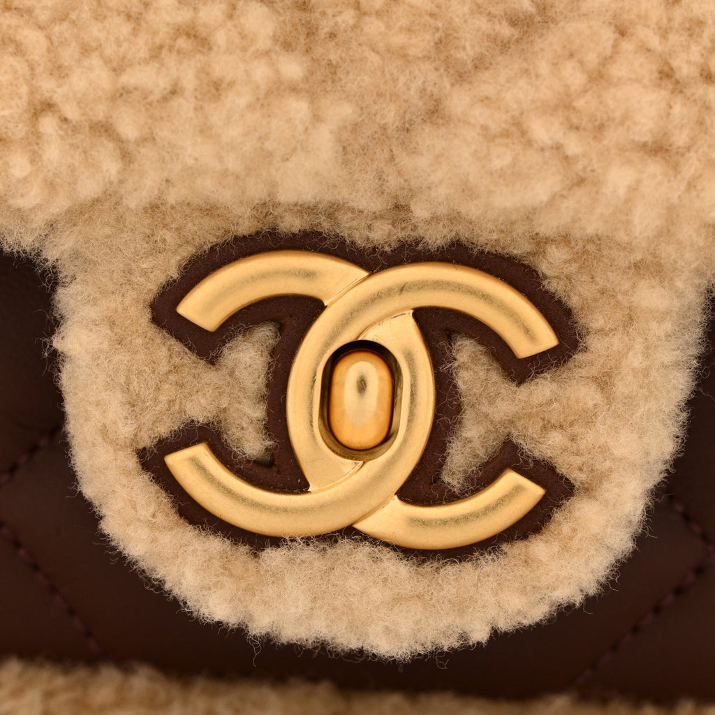 Shearling Lambskin Quilted Furry Coco Flap Dark Brown Beige