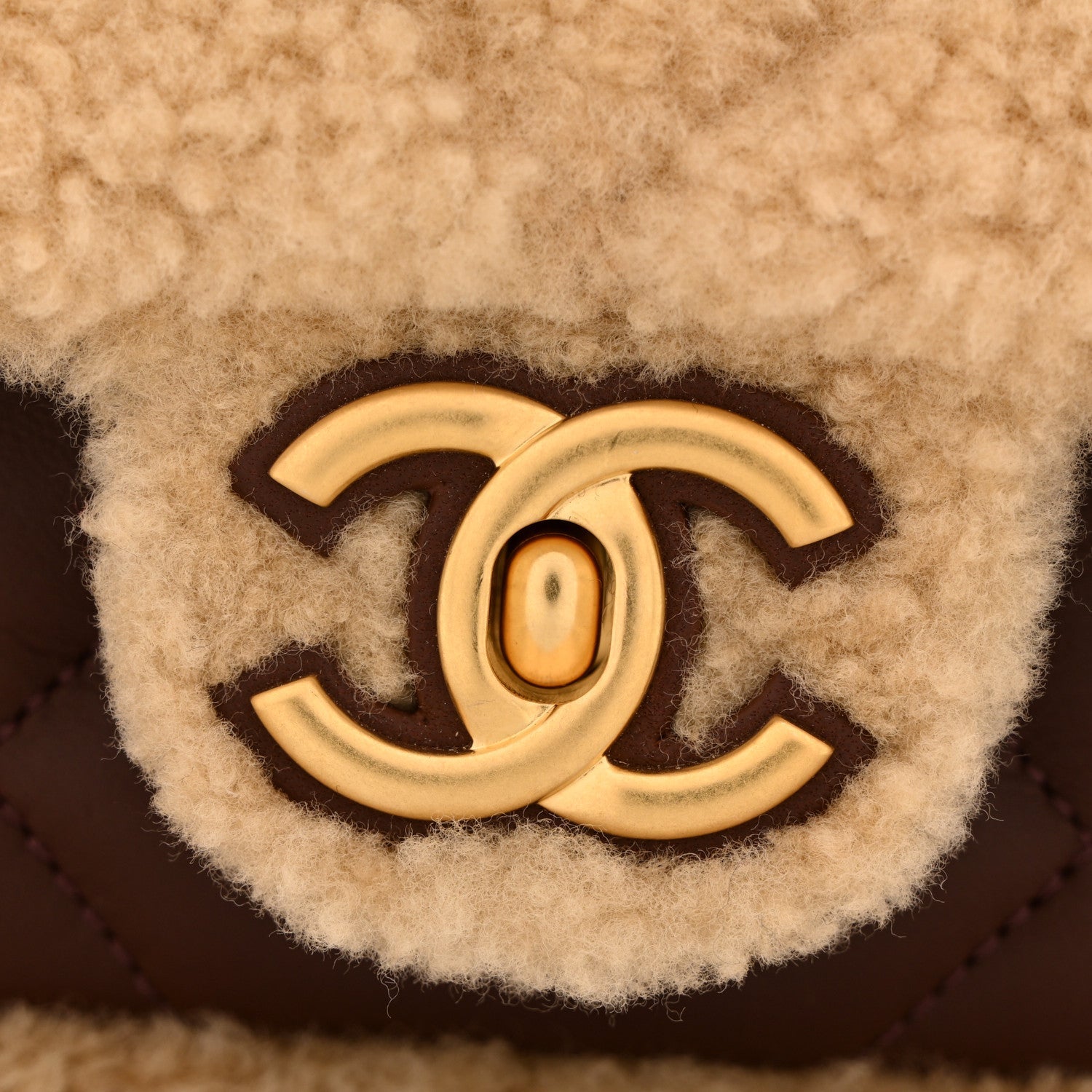 Shearling Lambskin Quilted Furry Coco Flap Dark Brown Beige