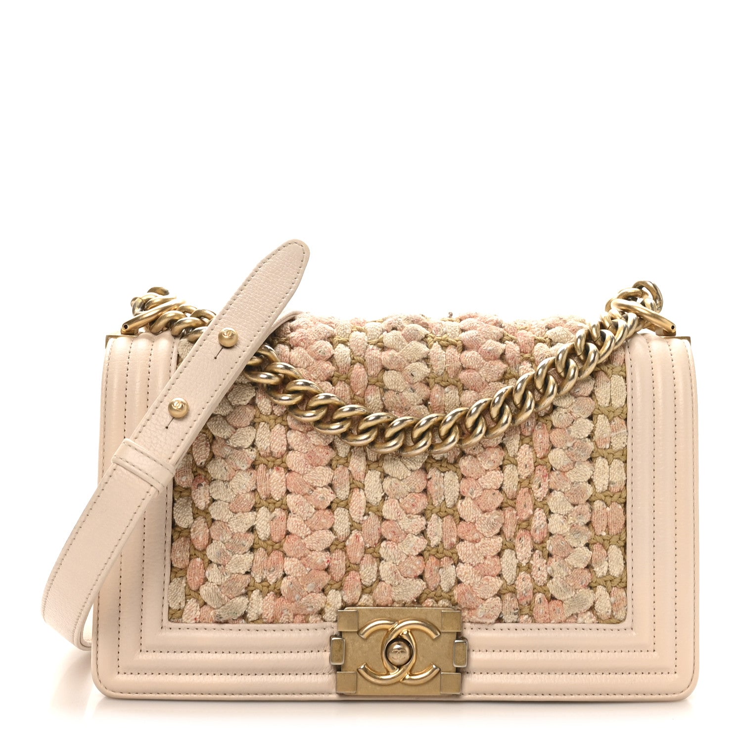 Braided Tweed Lambskin Medium Boy Flap Pink