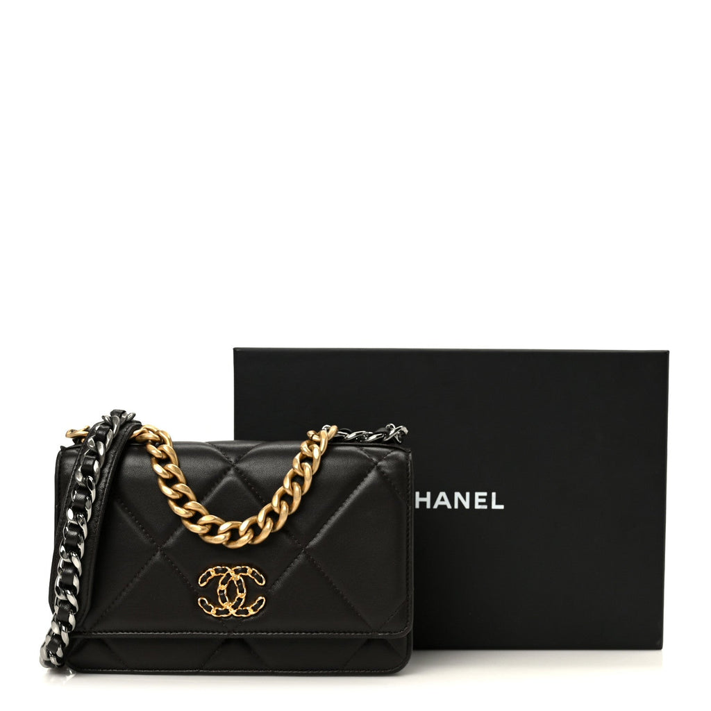 Lambskin Quilted Chanel 19 Wallet On Chain WOC Dark Brown