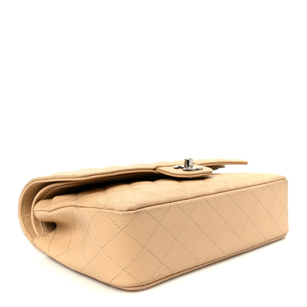 Caviar Quilted Medium Double Flap Beige
