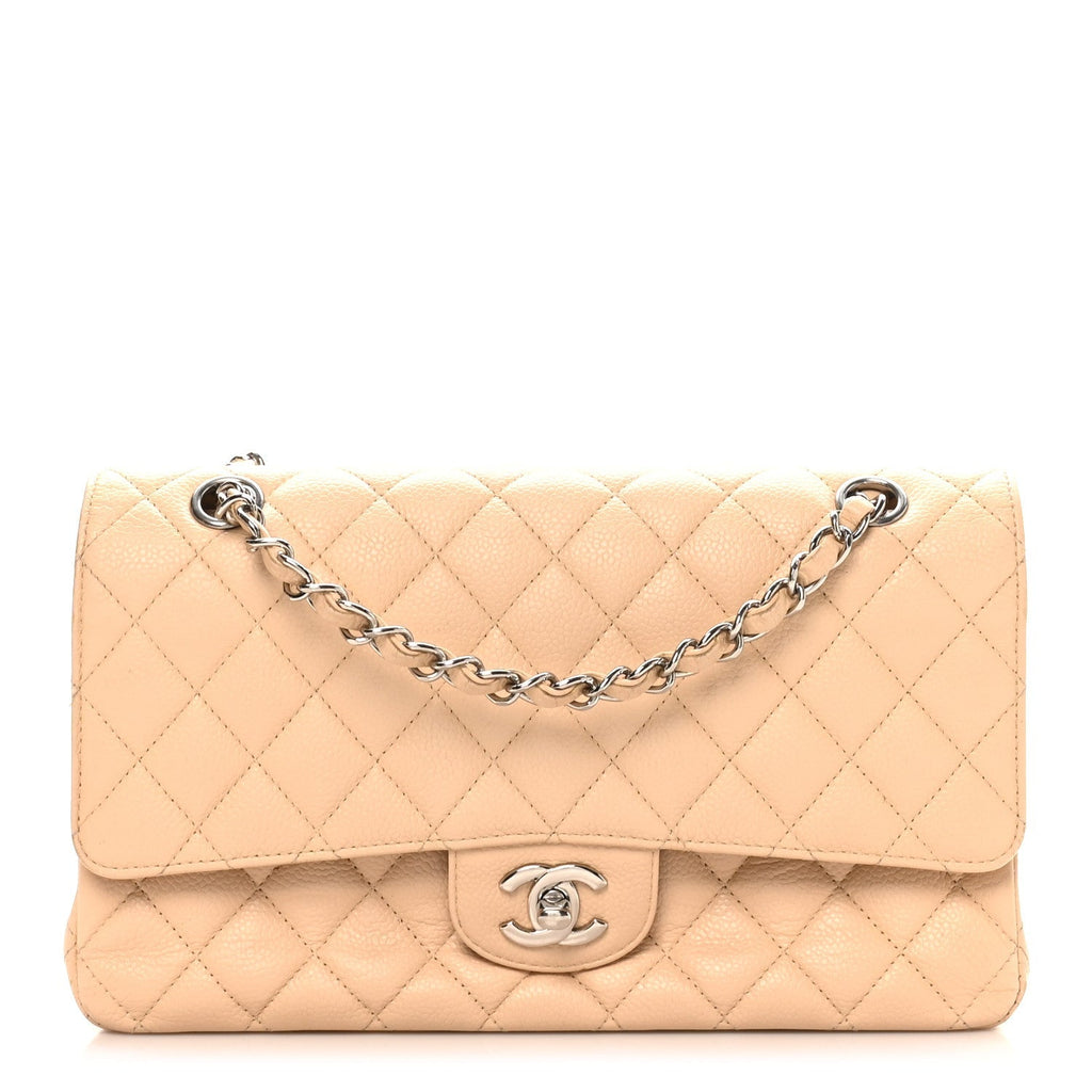 Caviar Quilted Medium Double Flap Beige