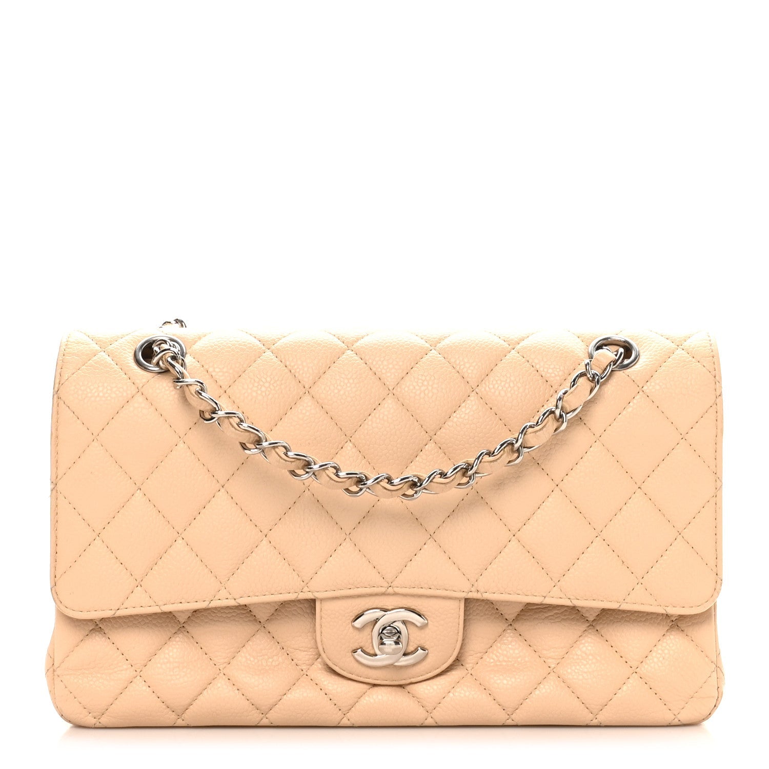 Caviar Quilted Medium Double Flap Beige