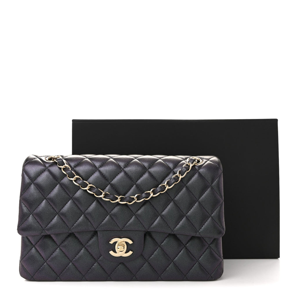 Iridescent Lambskin Quilted Medium Double Flap Black