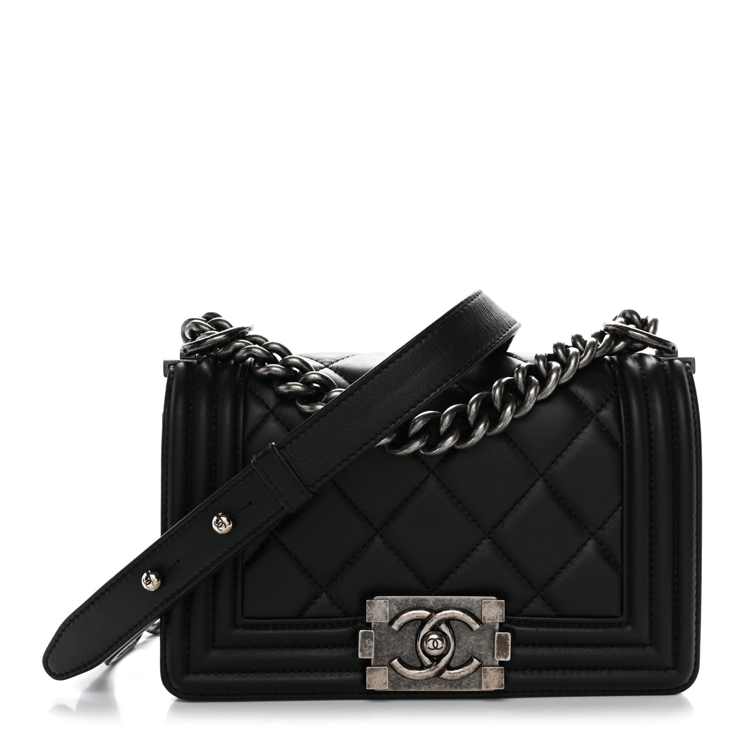 Calfskin Quilted Small Boy Flap Black