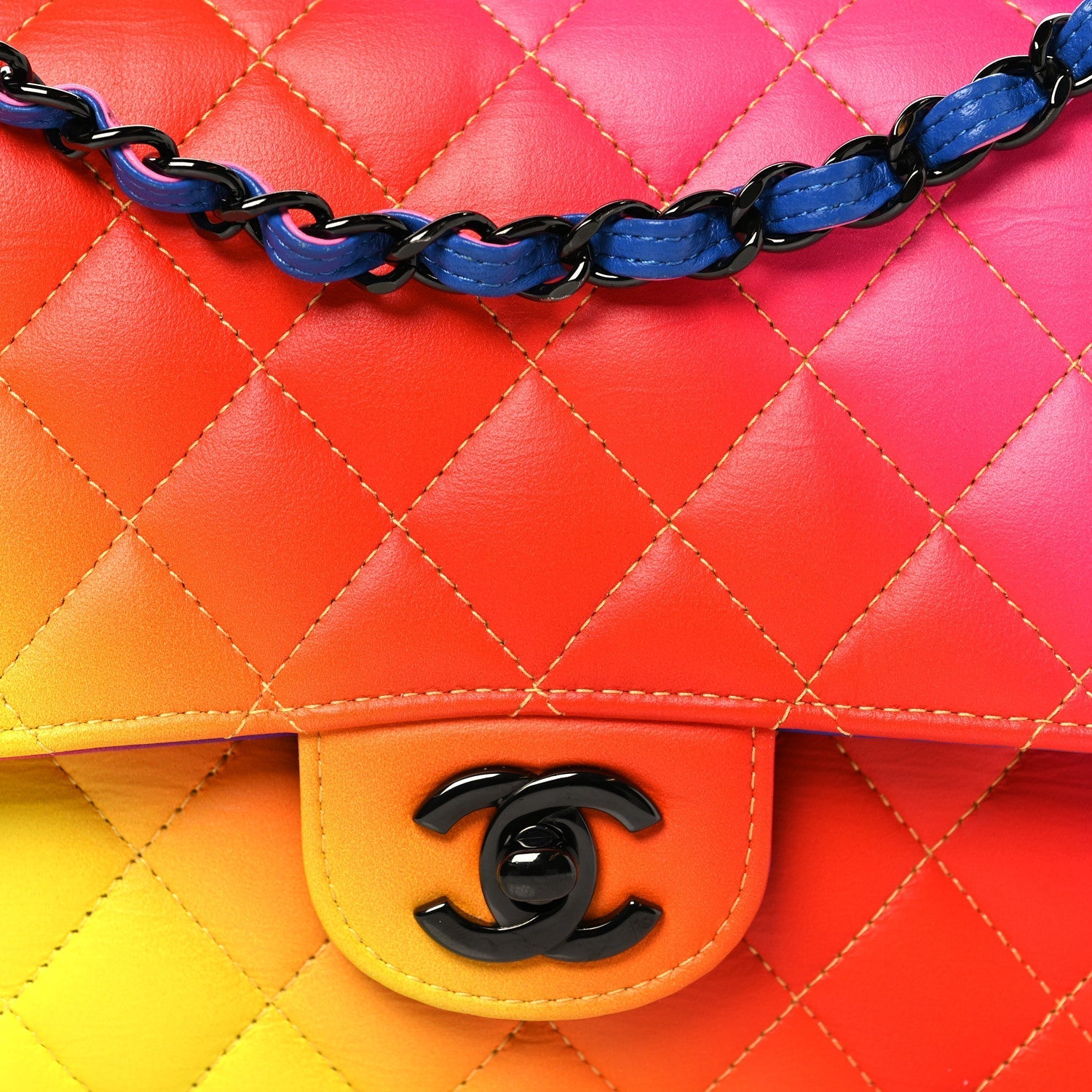 Calfskin Quilted Medium Rainbow Double Flap Multicolor