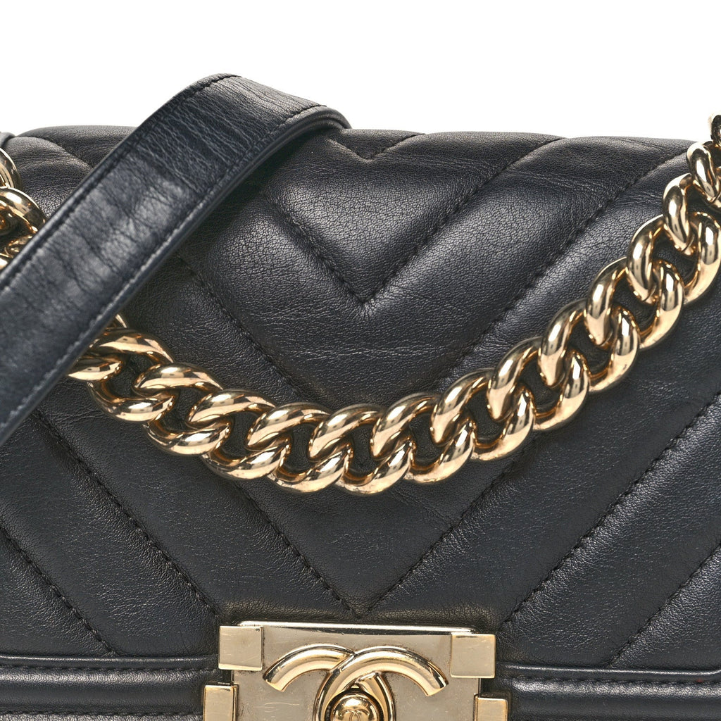 Calfskin Chevron Quilted Small Boy Flap Black