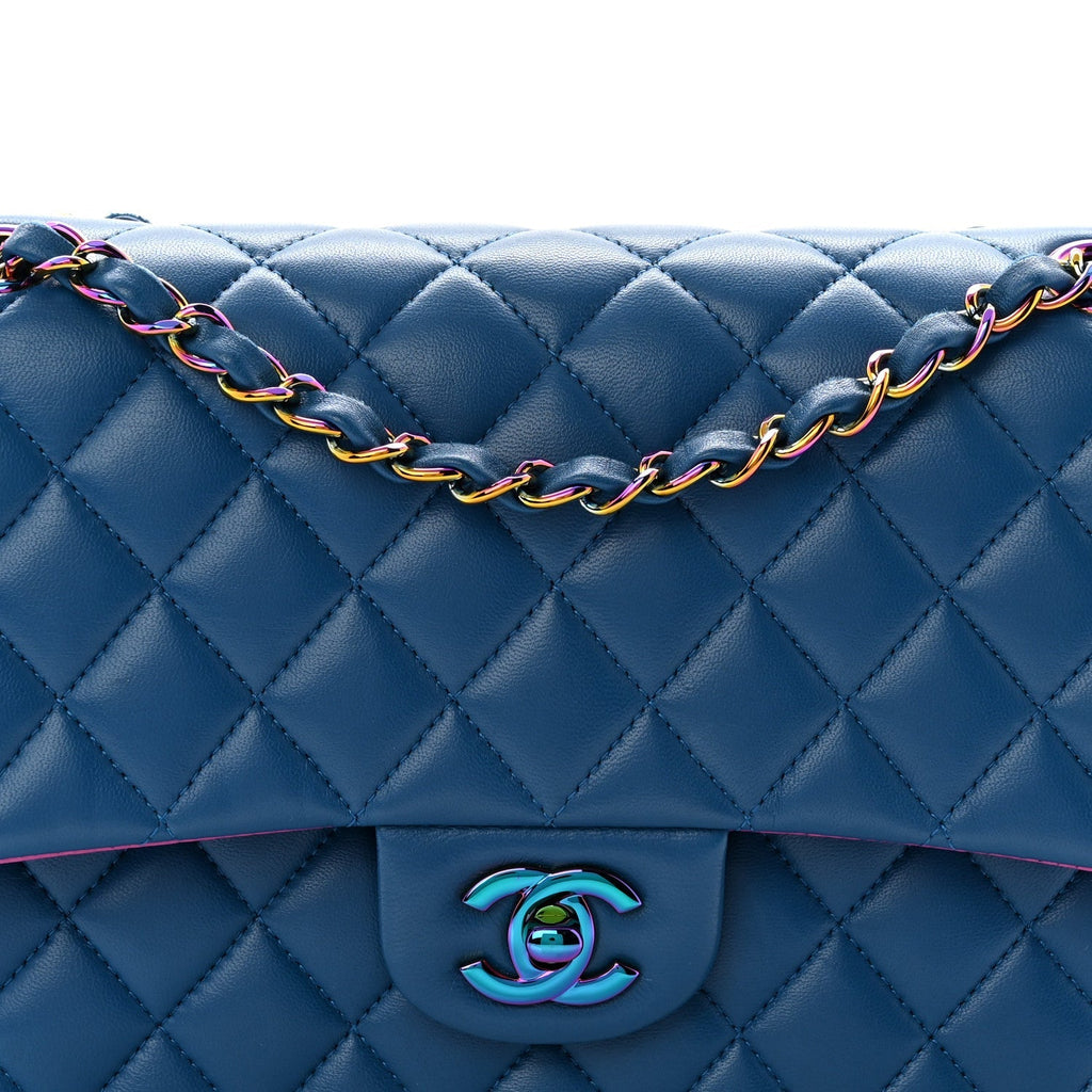 Lambskin Quilted Medium Double Flap Blue Pink