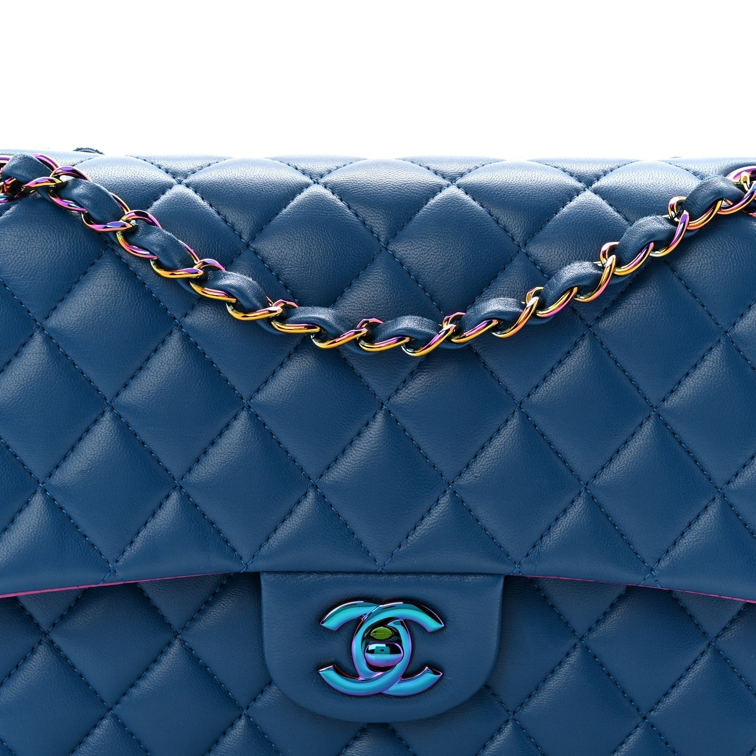 Lambskin Quilted Medium Double Flap Blue Pink