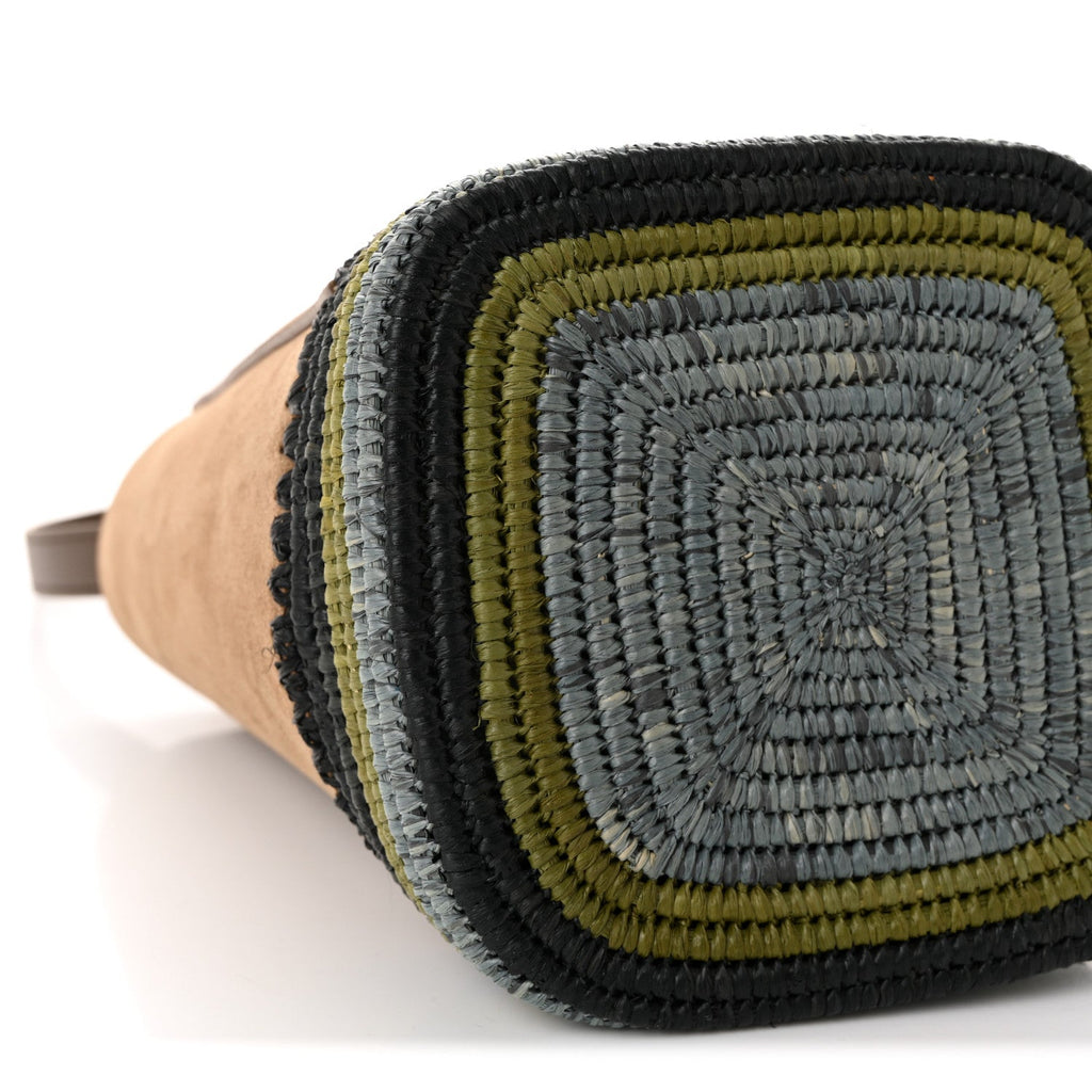 Suede Raffia Striped Mini Pebble Bucket Bag Brown