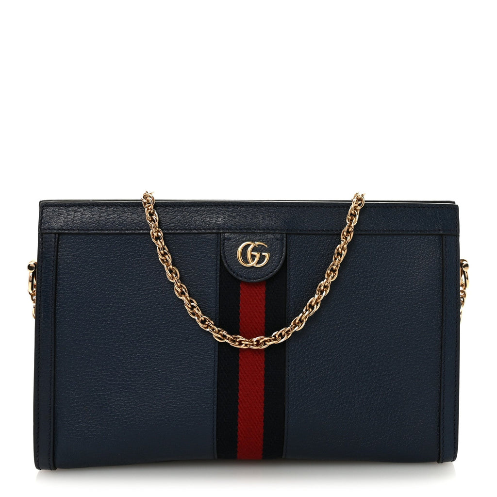 Textured Calfskin Web Medium Ophidia Chain Shoulder Bag Blue Agata