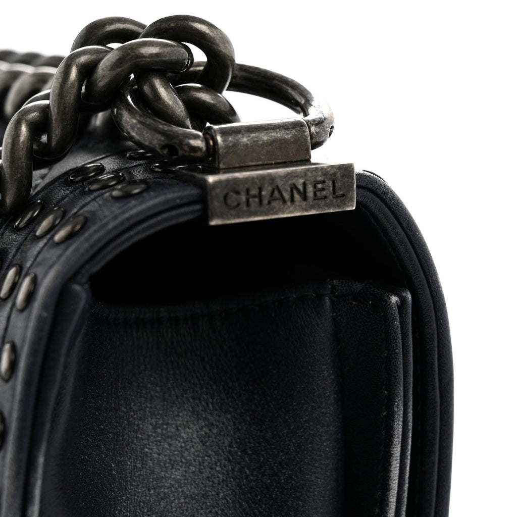 Faded Calfskin Quilted Small Studded Boy Flap Navy