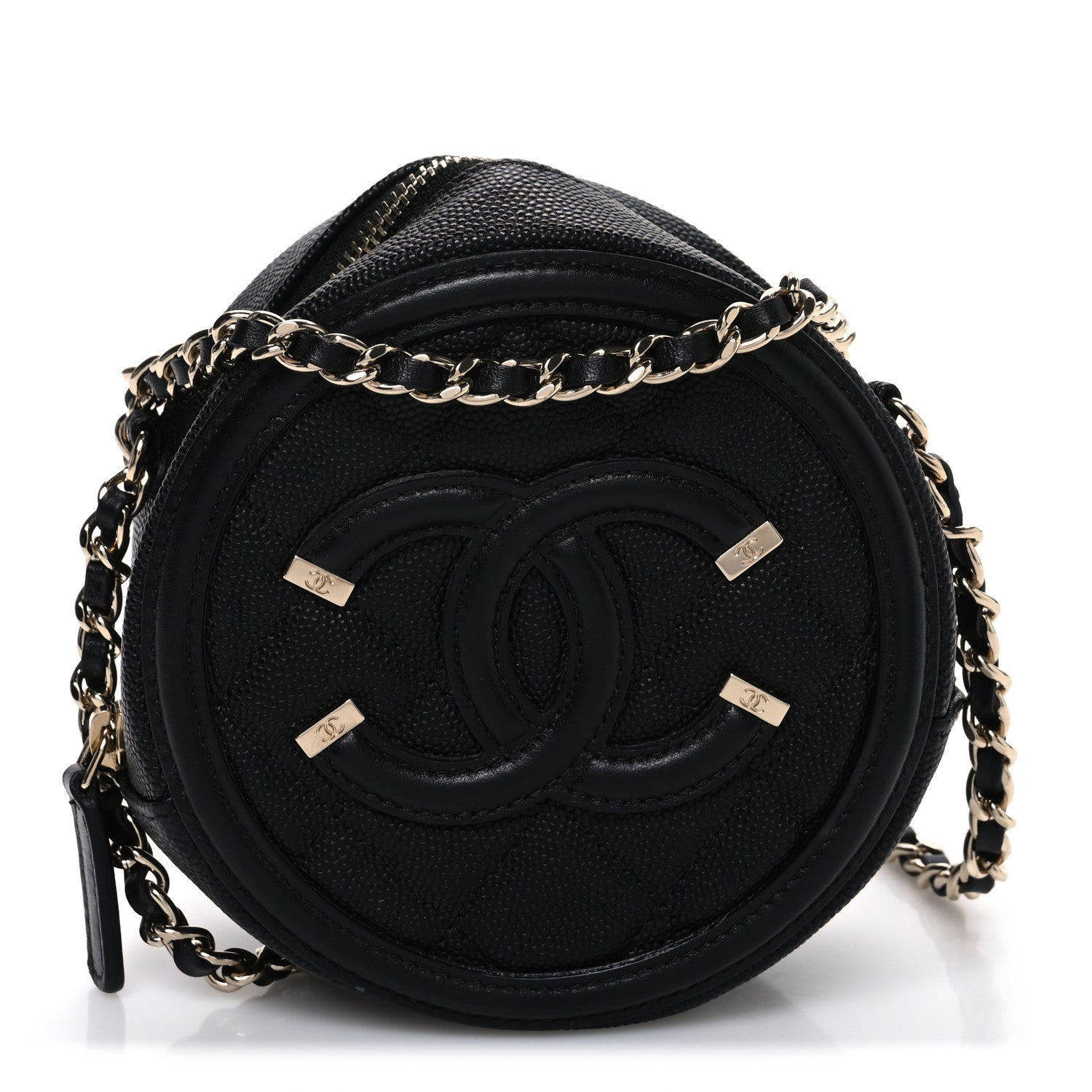 Caviar Quilted Round Filigree Crossbody Black