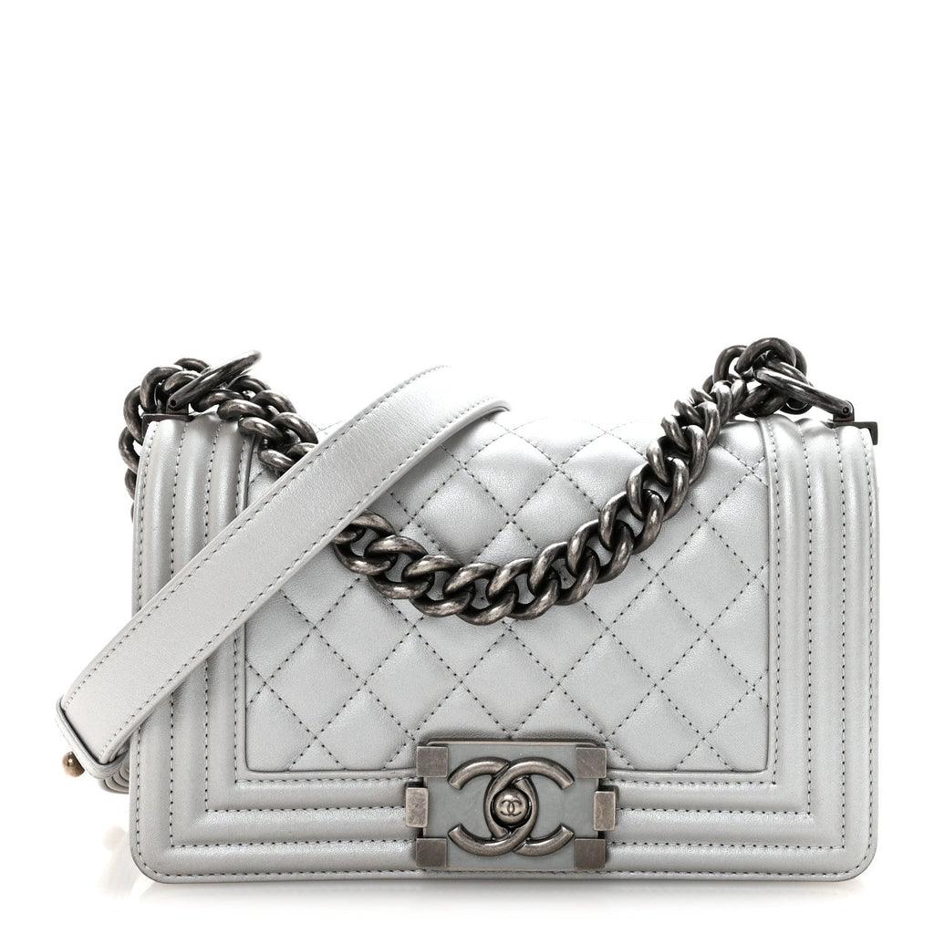 Metallic Calfskin Quilted Small Boy Flap Silver