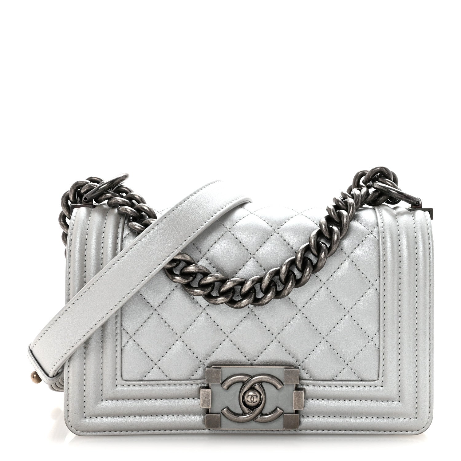 Metallic Calfskin Quilted Small Boy Flap Silver