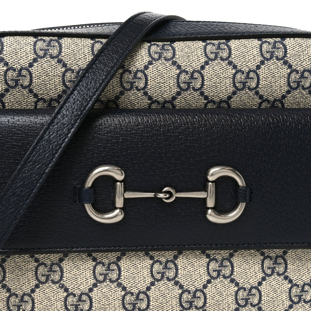 GG Supreme Monogram Textured Dollar Calfskin Small Horsebit 1955 Shoulder Bag Beige Blue