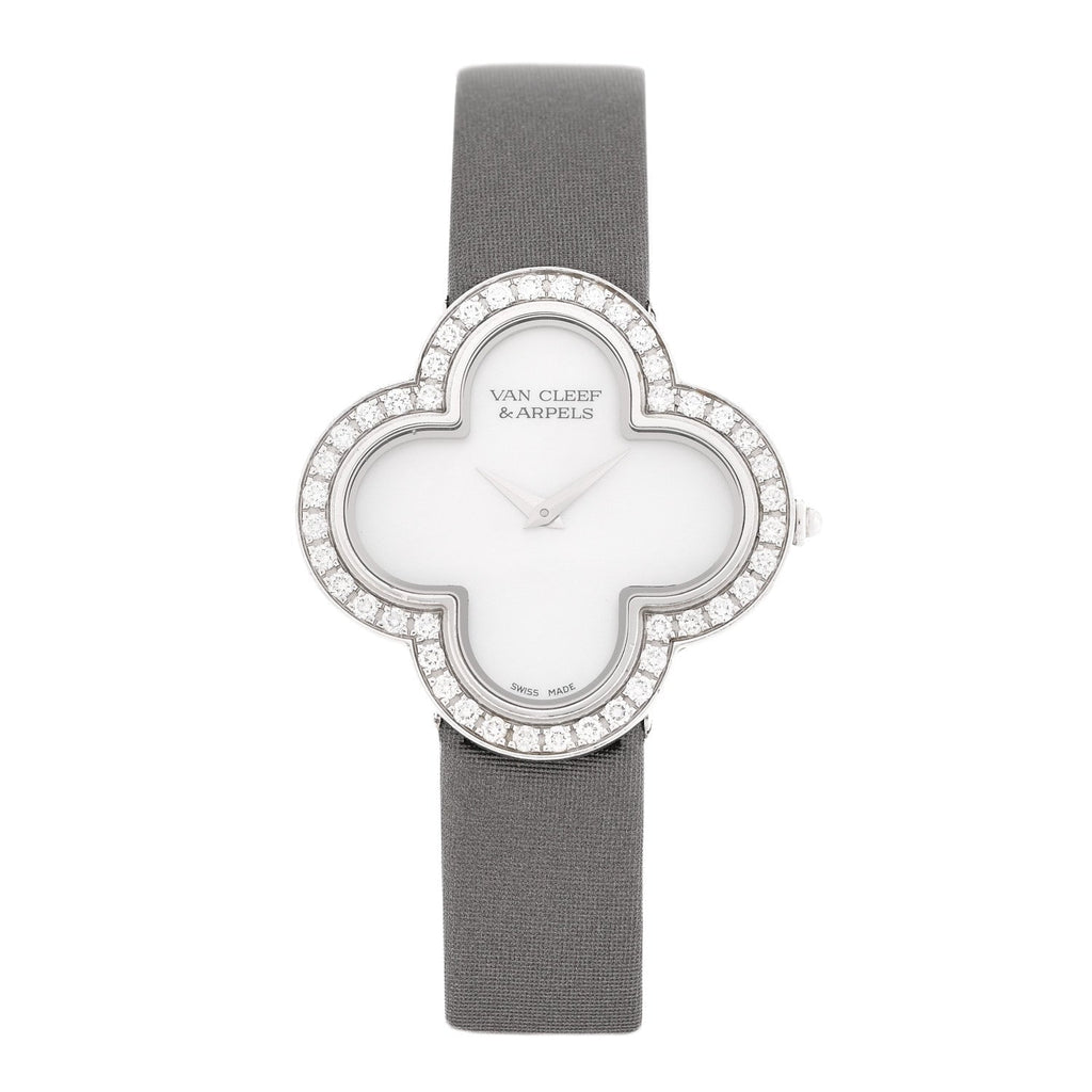 18K White Gold Satin Diamond Bezel Mother of Pearl 30mm Alhambra Quartz Watch