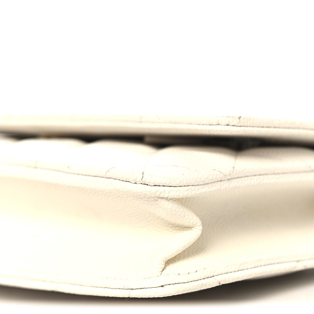 Shiny Caviar Quilted Flap Charm Wallet On Chain WOC White