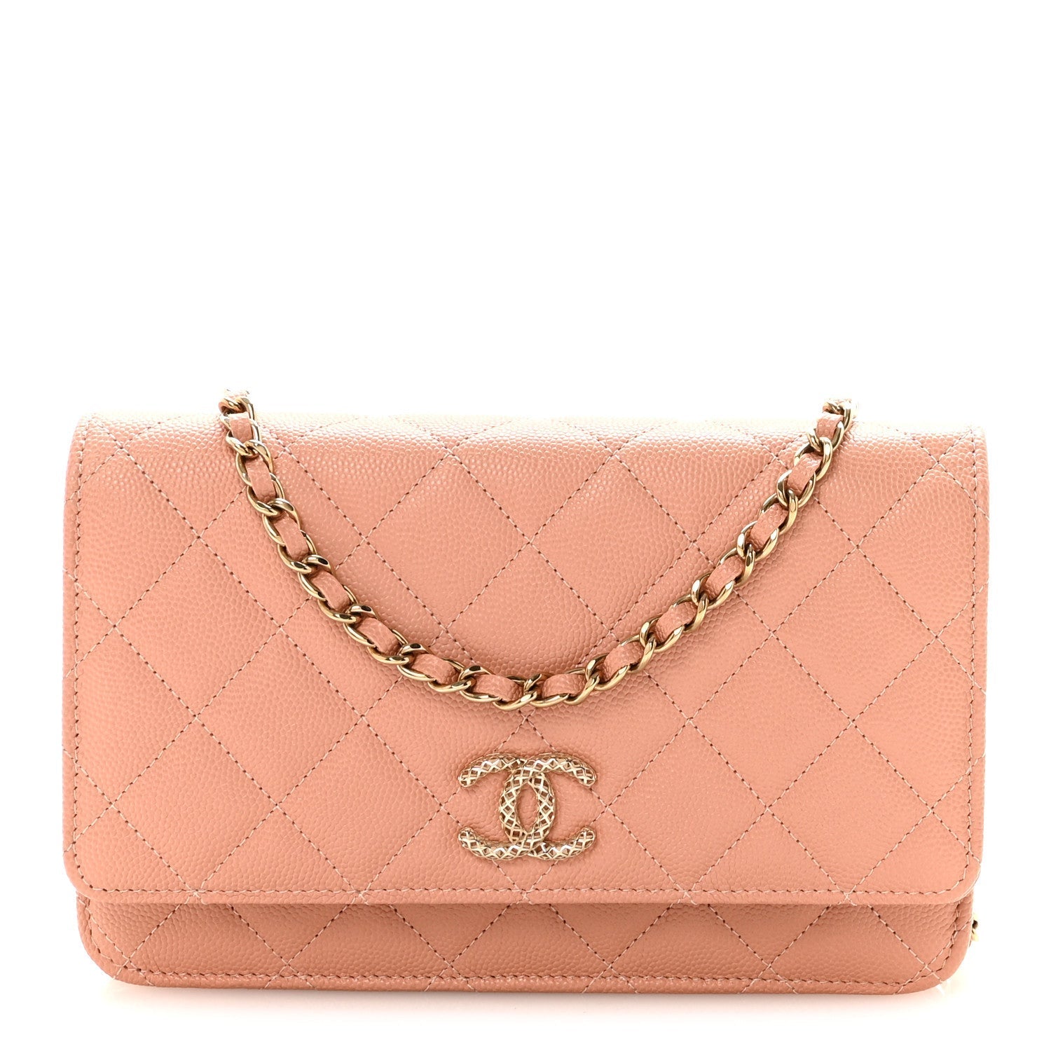 Caviar Quilted Perforated Metal CC Wallet On Chain WOC Beige