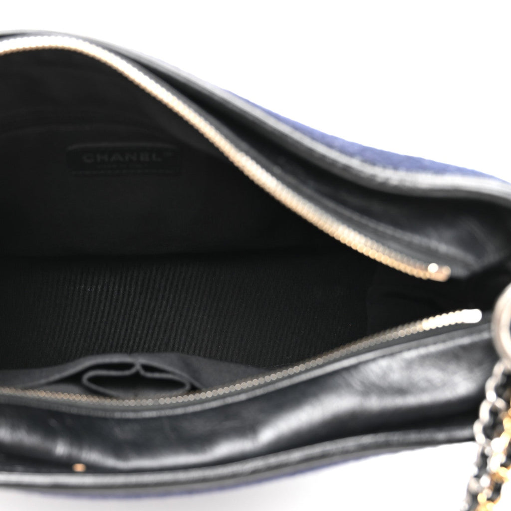 Calfskin Wool Embroidered Paris Hamburg Medium Gabrielle Hobo Dark Navy Blue