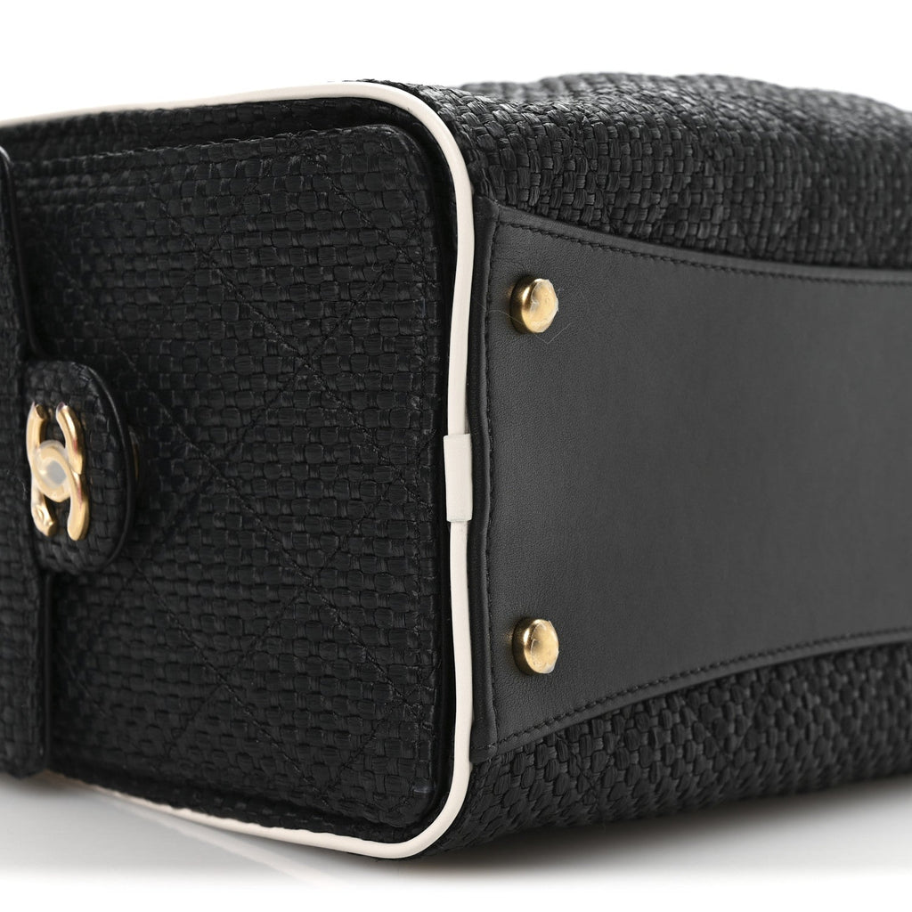 Braided Raffia Calfskin Small Chanel 25 Handbag Black White