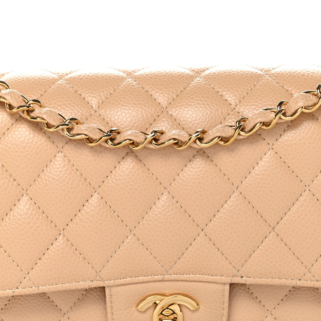 Caviar Quilted Medium Double Flap Beige
