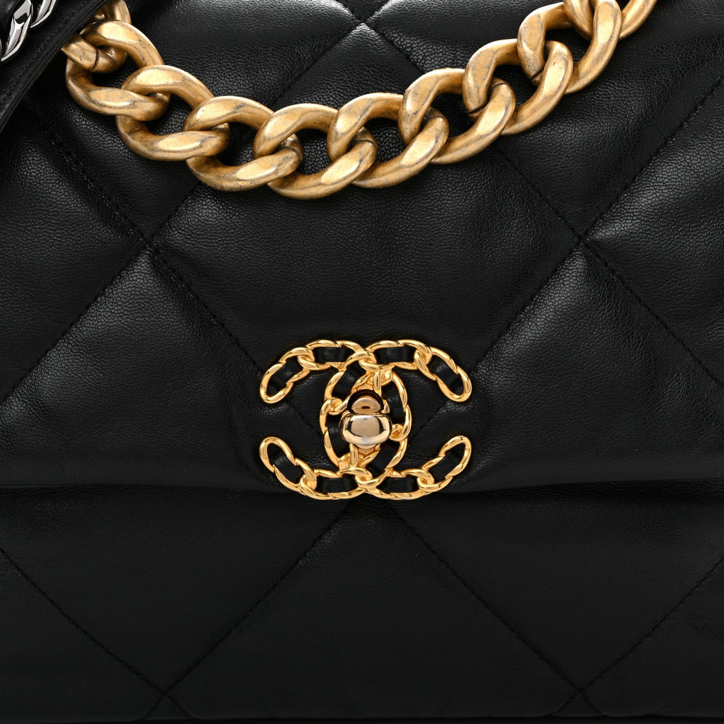 Shiny Goatskin Quilted Large Chanel 19 Flap Black